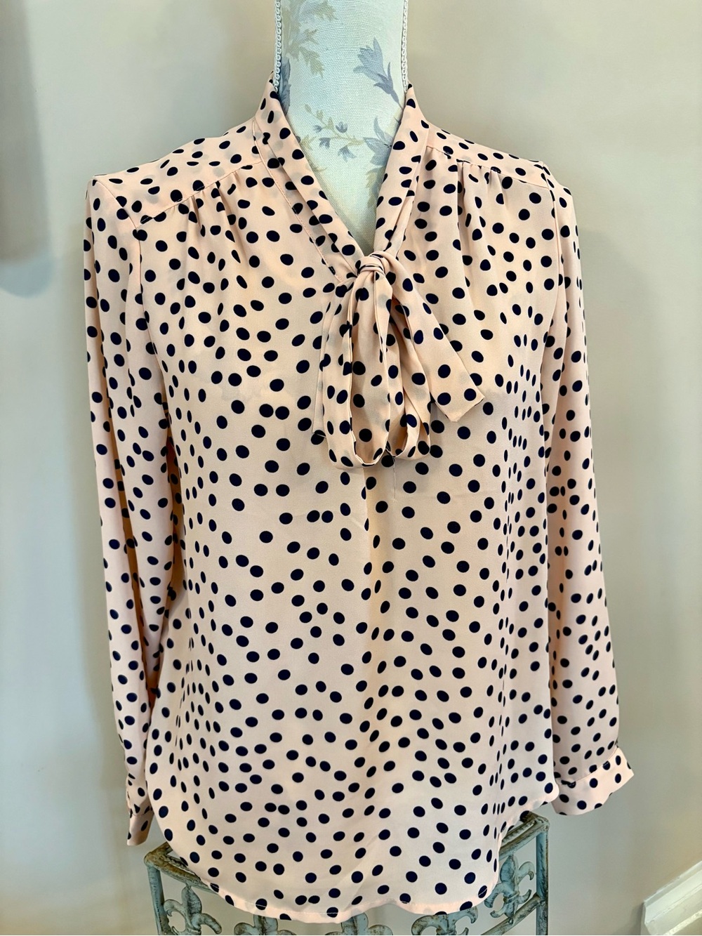 Jones New York Pink Polka Dot Tie-Neck Blouse